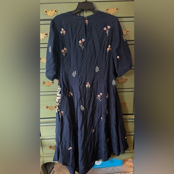 Sahil Kochhar Asymmetrical Navy Blue Chanderi Embroidered Tunic Dress, L - Picture 6 of 7